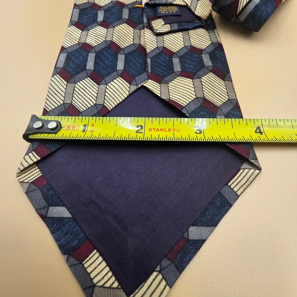 XMI 325 Series Silk Tie Mens Geometric Honeycomb Navy Blue Burgundy Hand Made